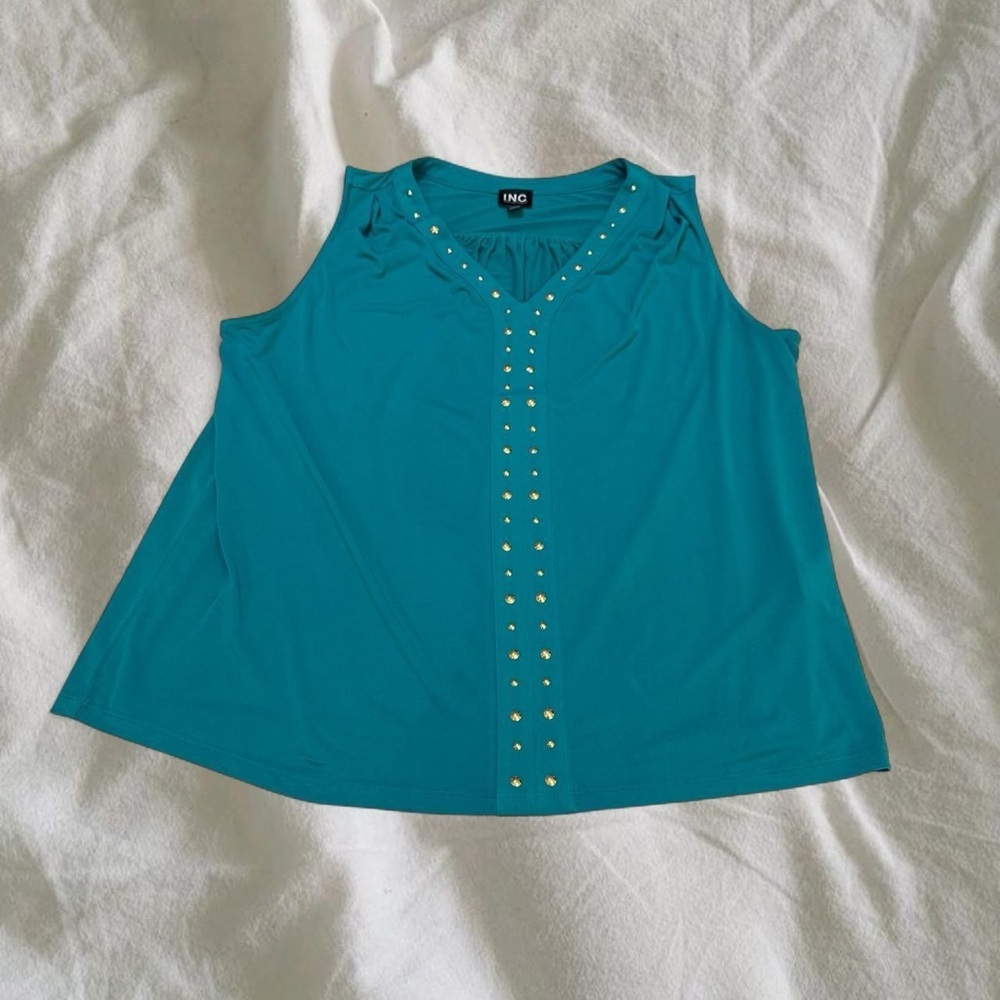 INC International Concepts Teal Studded V-Neck Blouse - Picture 3 of 6